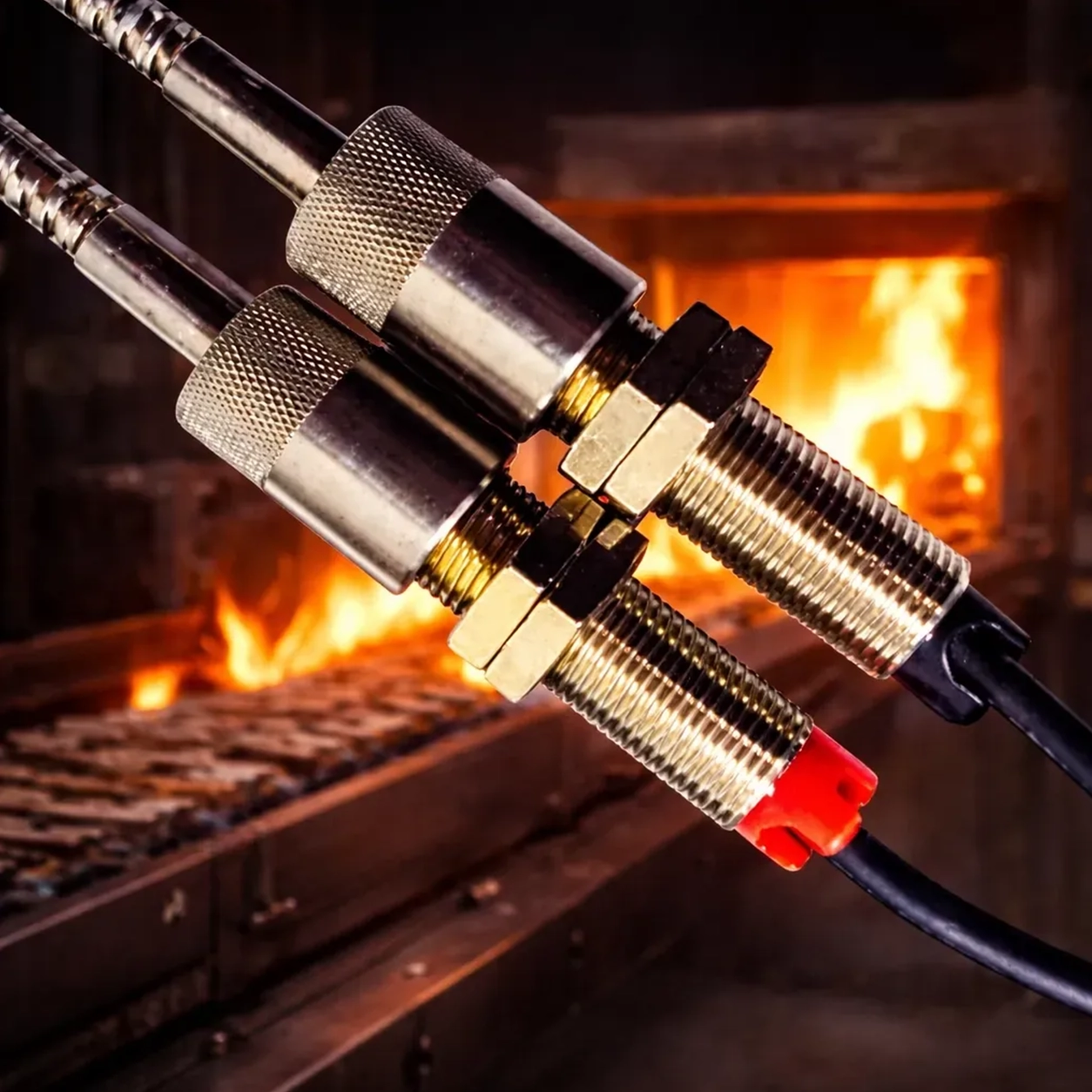 Industrial sensors mounted near steel mill furnace in extreme heat with protective stainless housing